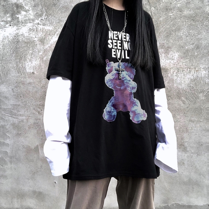 ゴスロリ ｔシャツ 長袖 レイヤー風 ビッグシルエット 病み可愛い くまキャラプリント 原宿系 ブラック ホワイト オルチャン モード系ファッション専門店 With U