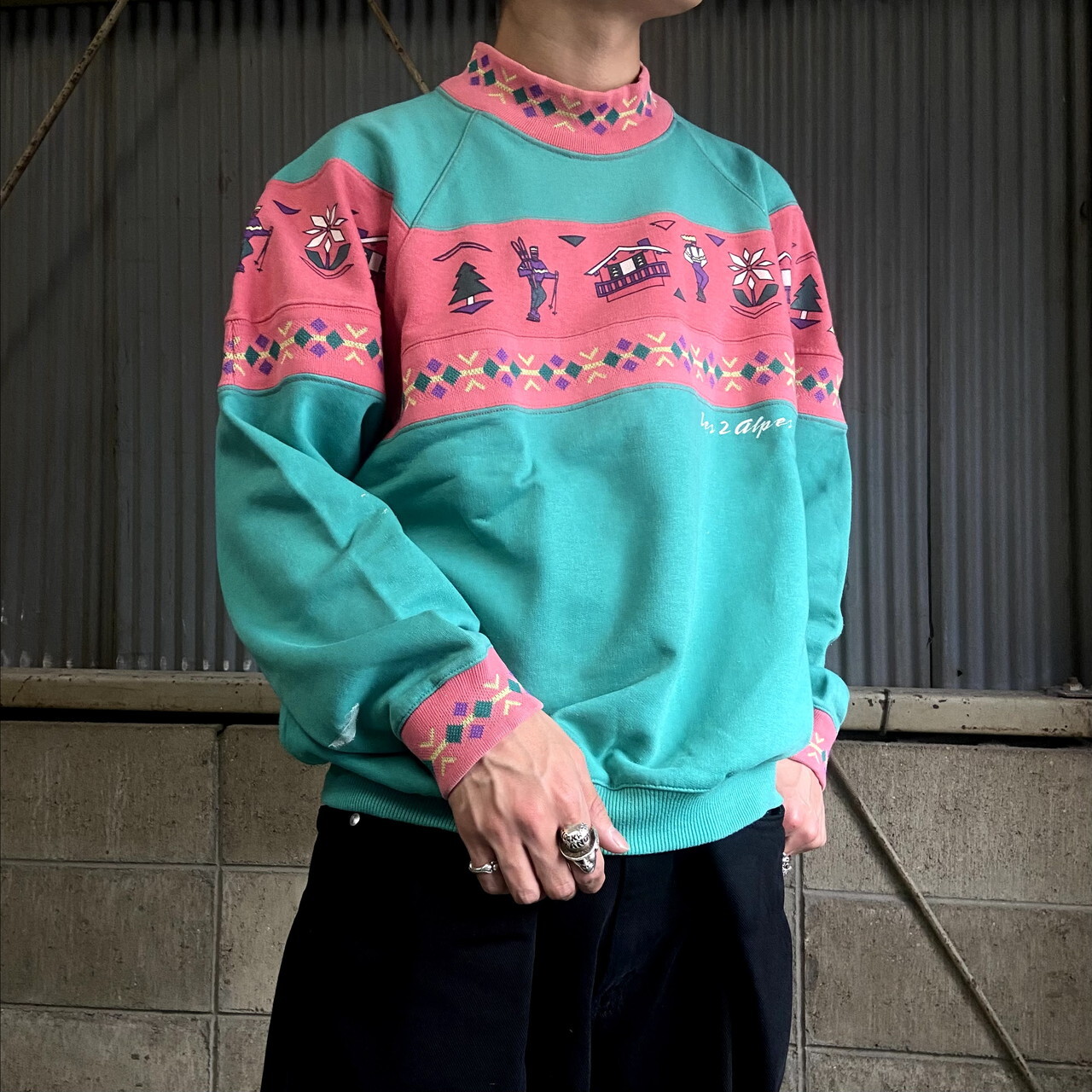 La Mode Des Montagnes ユーロ パステルカラー モックネック ニット切り替え プリントスウェット レディースxl相当 古着 ミントグリーン ピンク 緑色 スウェット Al Cave 古着屋 公式 古着通販サイト