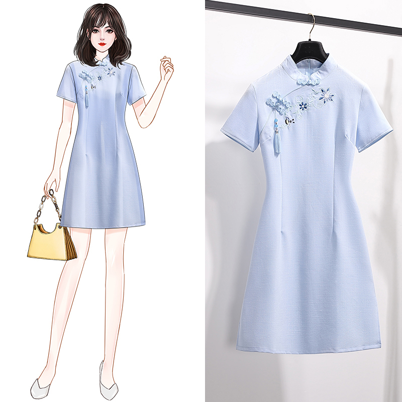 吾家有衣シリーズ チャイナドレス チャイナ風ワンピース 中華服 刺繍 可愛い 着痩せ 夏 半袖 青い ブルー Elegant