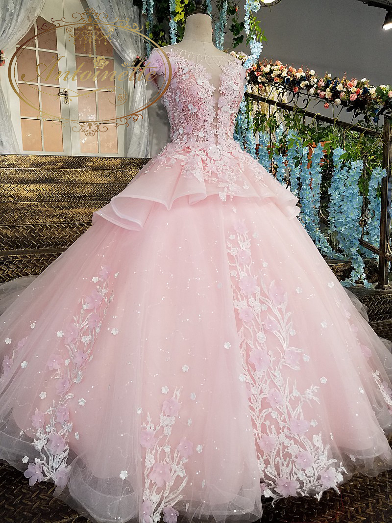花 高級 ピンク イブニング ドレス 格安ウェディングドレス ビジュー 刺繍 オートクチュール 海外ドレス プリンセス 可愛い ウェディング 結婚式 イベント Aライン Antoinette