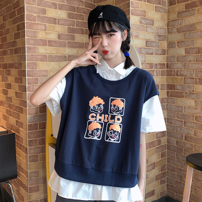 重ね着風 フェイク 半袖 ブラウス ツーピース ベスト キッズイラスト Qrea Style プチプラ 韓国ファッション