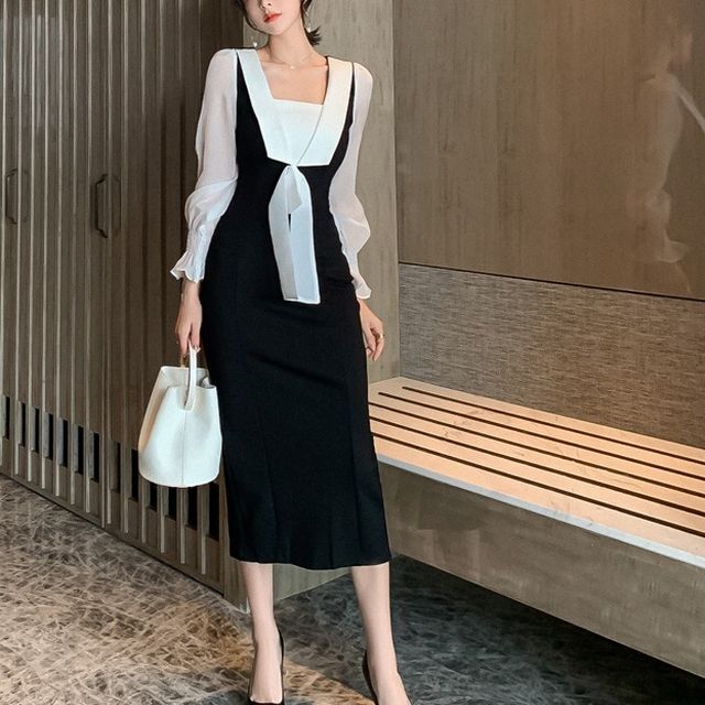 パーティードレス ワンピース ドレス ボウタイワンピース ボウタイ 長袖 パフスリーブ フリル バイカラー タイトワンピース タイト ミモレ丈 ロング ワンピース フェミニン シック パーティー 結婚式 二次会 Op 0261 Y Happy Orurea ハッピーオルレア