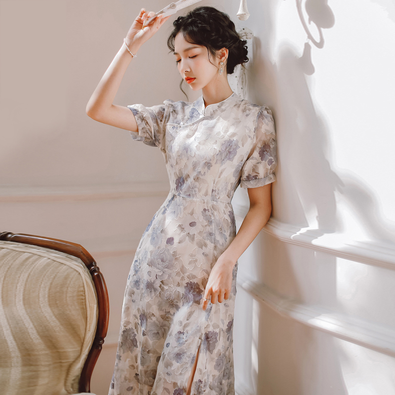 花開梔夏シリーズ チャイナ風ワンピース 花柄 スリット 中華服 レトロ エレガント 結婚式 S M L Elegant