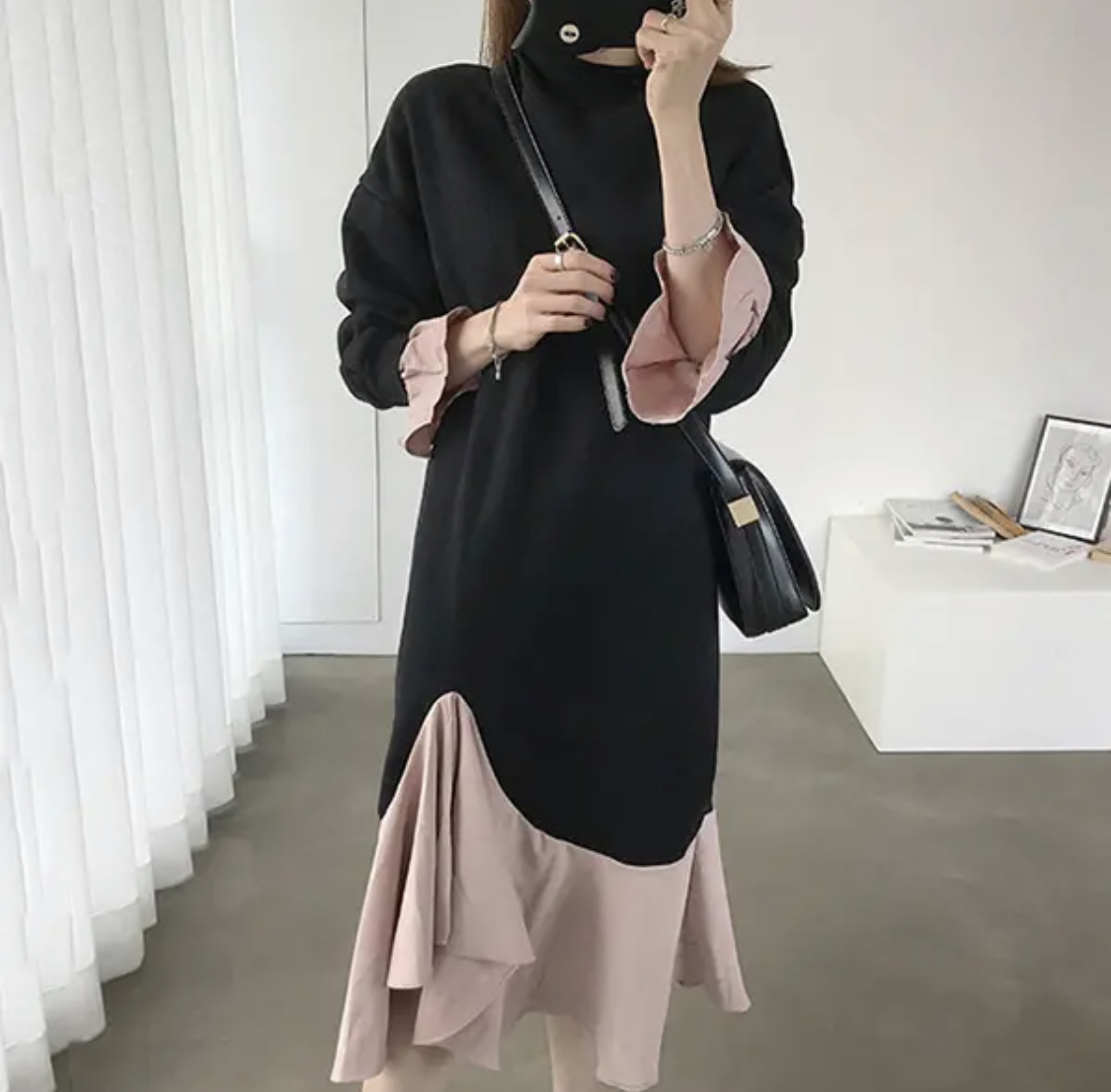 韓国レディースファッション 6294 アシンメトリー 異素材mix ドッキング ワンピース 流行オルチャンファッション 人気のプチプラ韓国 レディースファッション新作通販 Aliceholly