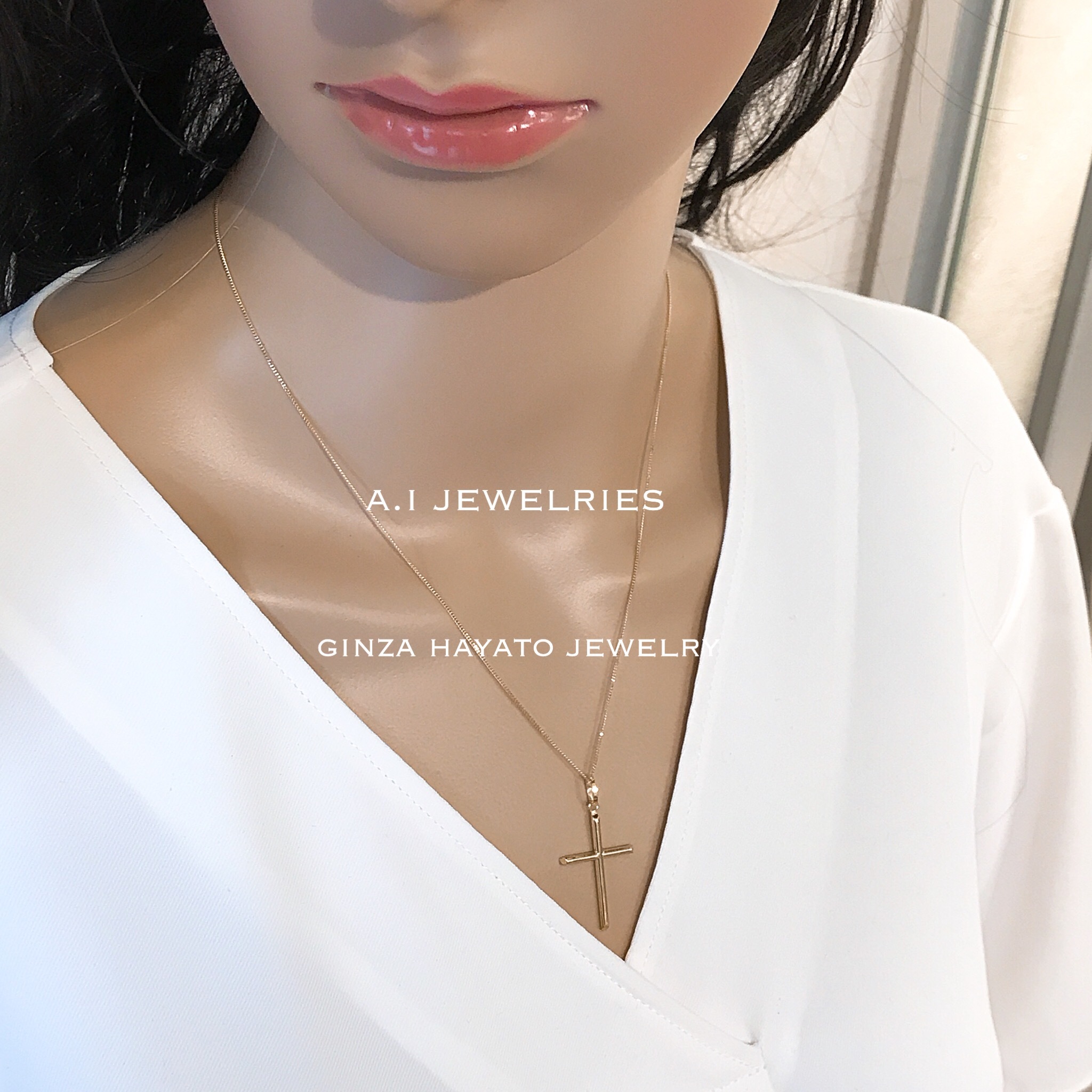 K18 18金 45cm シンプル クロス ネックレス チェーン付き Cross Necklace 男女兼用サイズ 男性 女性 メンズ レディース A I Jewelries エイアイジュエリーズ