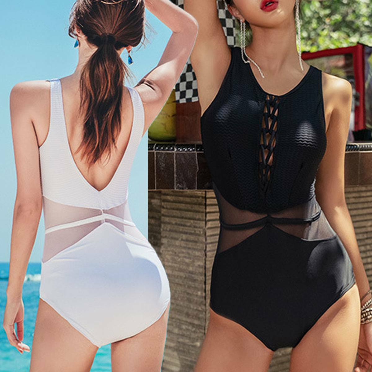 水着 レディース ワンピース 体型カバー 送料無料 メッシュ シースルー 無地 切替え 黒 白 色違い 大きいサイズ スリム 海 Happy Toon