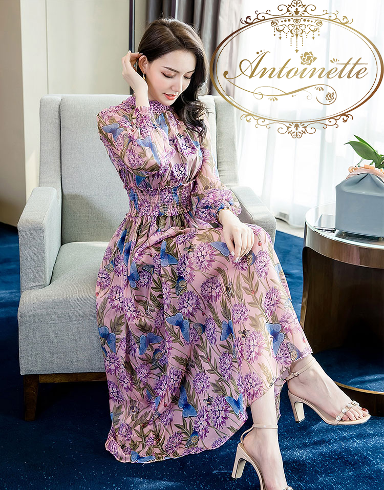 パープル ワンピース 紫 レディース 花柄 透け感 ハイネック 上品 Party One Piece Dress Ladies Purple Antoinette