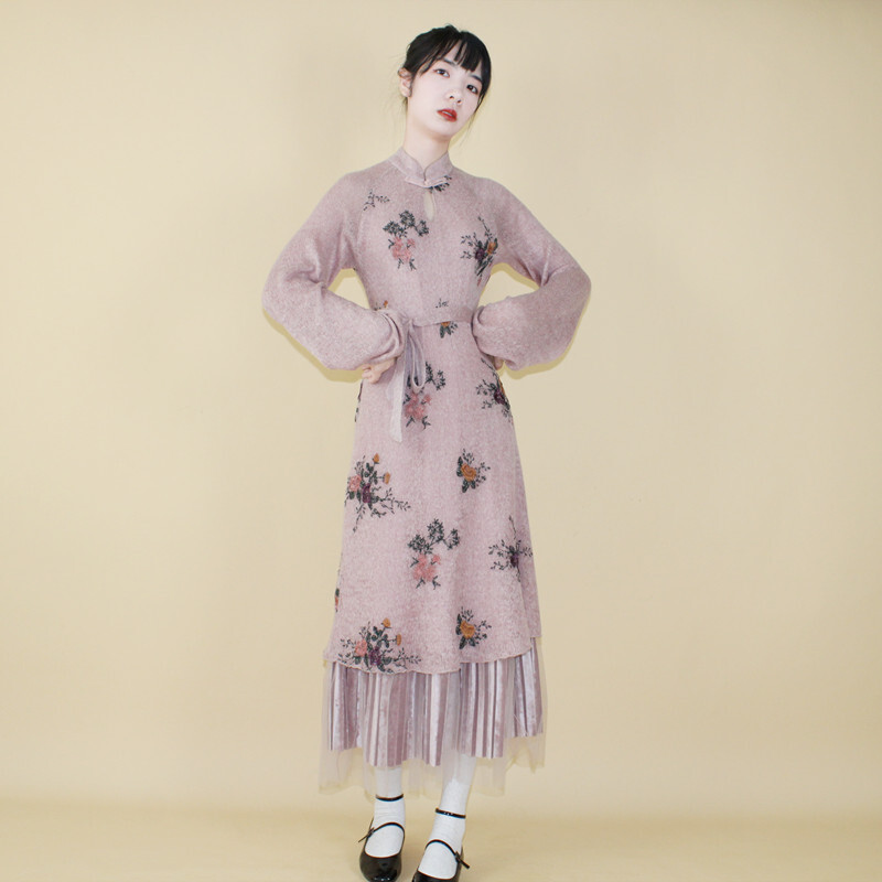 チャイナ風ワンピース 改良唐装 改良漢服 チャイナ風服 中華服 改良型チャイナドレス 普段着 女子会 同窓会 二次会 普段着 S M L 民国風 チャイナボタン 花柄 ウールワンピース 重ね着風 気質よい Dresszone