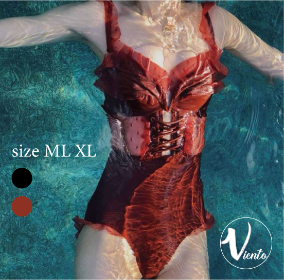 ワンピース水着 韓国 水着 ワンピース ハイウエスト レトロ フリル レース レースアップ ドット 黒 セクシー リゾート Viento