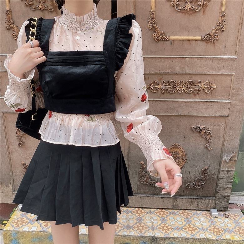 フレンチガーリー ローズドットフリルブラウス ビスチェ A0657 Retro N