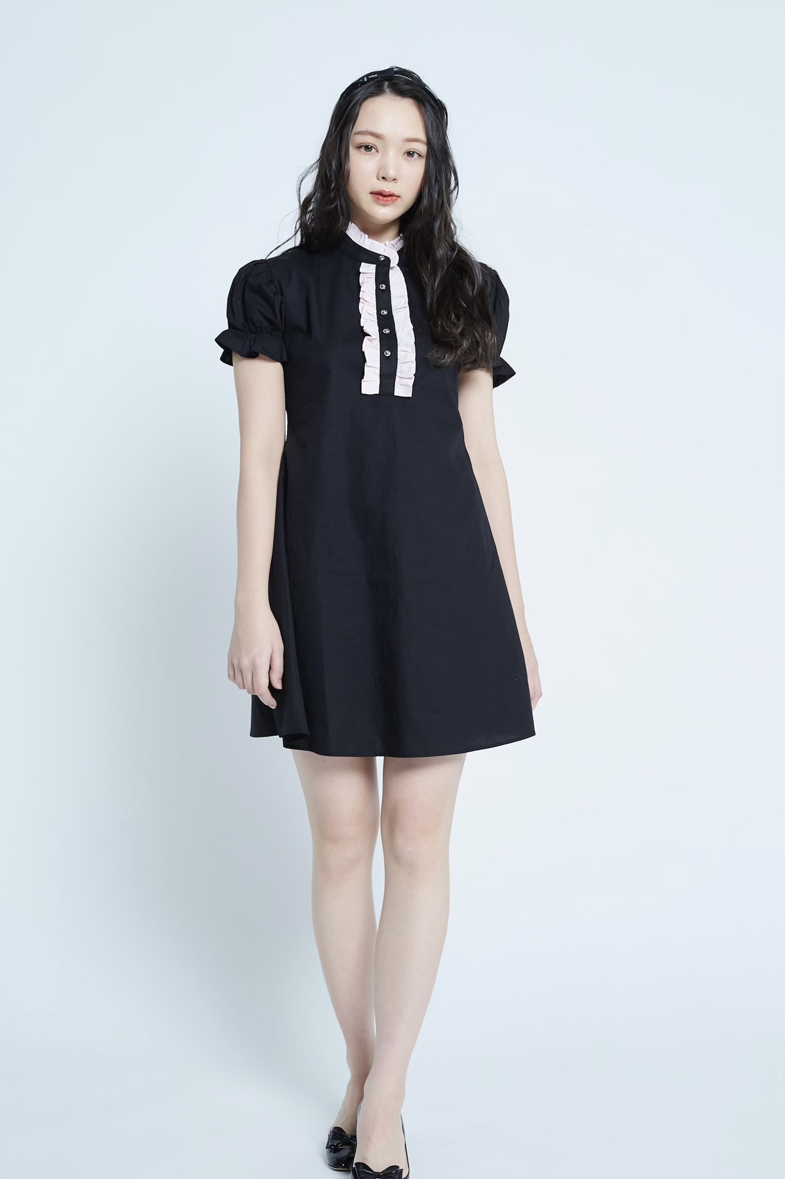 フリルブラウスワンピース Black 4月中旬発送 Primavely