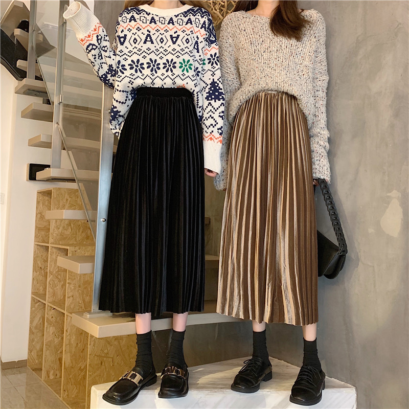 ボトムス ベロアロングスカート プリーツ ウエストストレッチ Vib