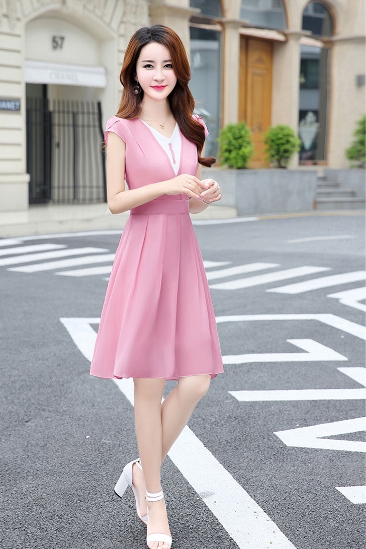 チューリップスリーブ Vネック ひざ丈 ワンピース ボタン ハイウエスト ひらひら かわいい Happy Toon