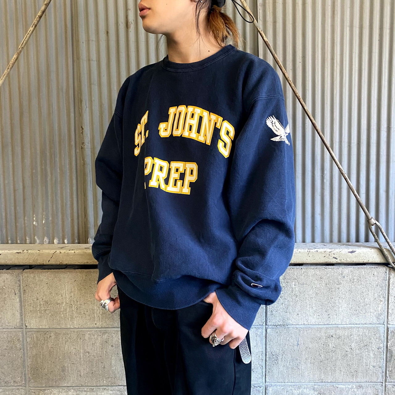 チャンピオン リバースウィーブ カレッジプリント スウェット メンズl 古着 Champion Reverse Weave トレーナー ネイビー イエロー 紺色 黄色 スウェット Cave 古着屋 公式 古着通販サイト