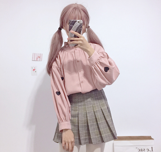 韓国ファッション ガーリー シャツ レディース トップス ハート ポイント 長袖 オルチャン Tb 438 毒いちご 韓国ファッション