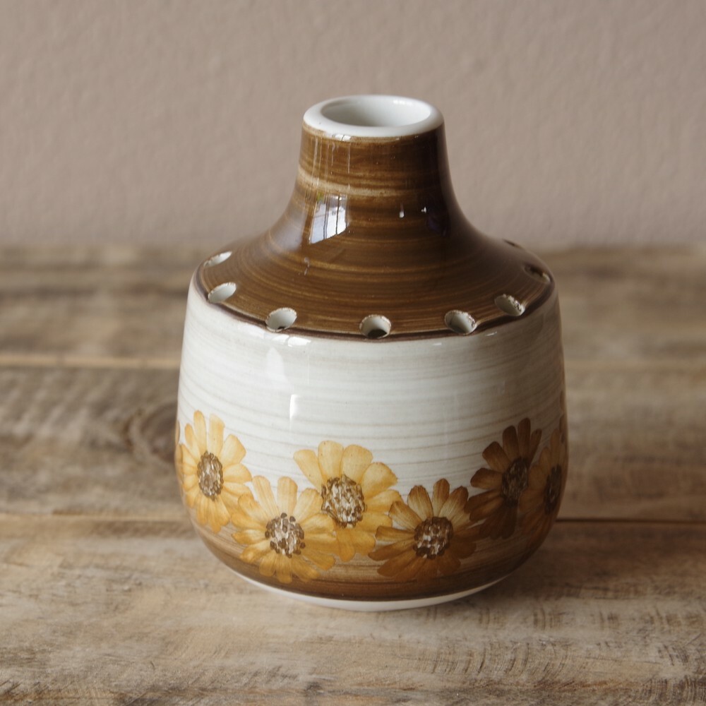 イギリス ビンテージ 雑貨 陶器 Jersey Pottery ジャージーポタリー 花瓶 ブラウン 花柄 2 アンティーク ミッドセンチュリー レトロモダン フラワーベース Flohmarkt フローマルクト