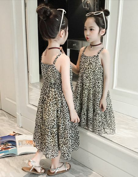 110 160cm レオパード柄 キャミ ワンピ ス ロング丈 フレア マキシ丈 ワンピ アニマル 柄 ヒョウ柄 総柄 19s S 夏服 リゾート 韓国 子供服 女の子 ガールズ キッズ 親子 おそろい P197 A Dear Child