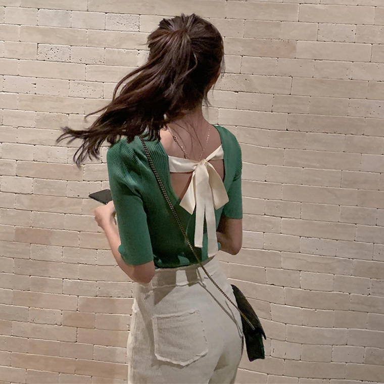 送料無料 後ろ姿美人 大人可愛い きれいめ フェミニン バックリボン 無地 シンプル 丸首 スリム リブ 半袖 カットソー トップス ストリートファッション通販 Kodo Vip