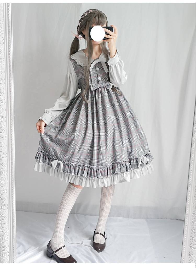 ワンピース レディース ロリータワンピース レトロワンピース ロリータ 長袖 甘ロリ ロリ チェック 送料無料 リボン 衣装 Happy Toon