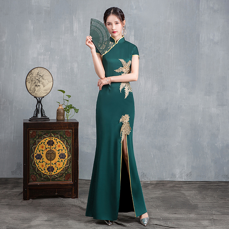 ロングチャイナドレス 改良型チャイナドレス パーティードレス チャイナ風ワンピース チャイナ風服 中華服 二次会 女子会 同窓会 スタンドネック 半袖 大きいサイズ S M L Ll 3l 4l 5l エレガント グリーン 緑 Elegant