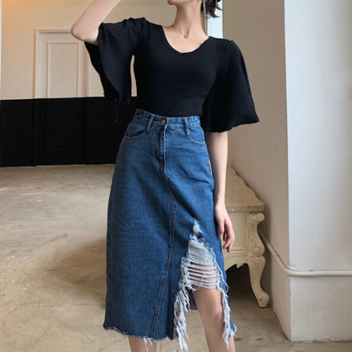 スカート デニムスカート カットオフ ロングスカート ダメージ Vib