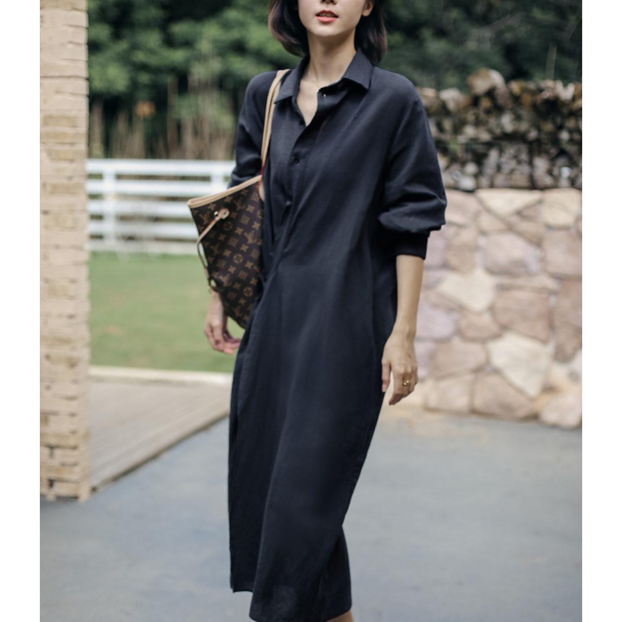 ロングワンピース コットンリネン シャツワンピース Vネック Iライン 七分袖 ルーズ 大人 Hahimi Shop