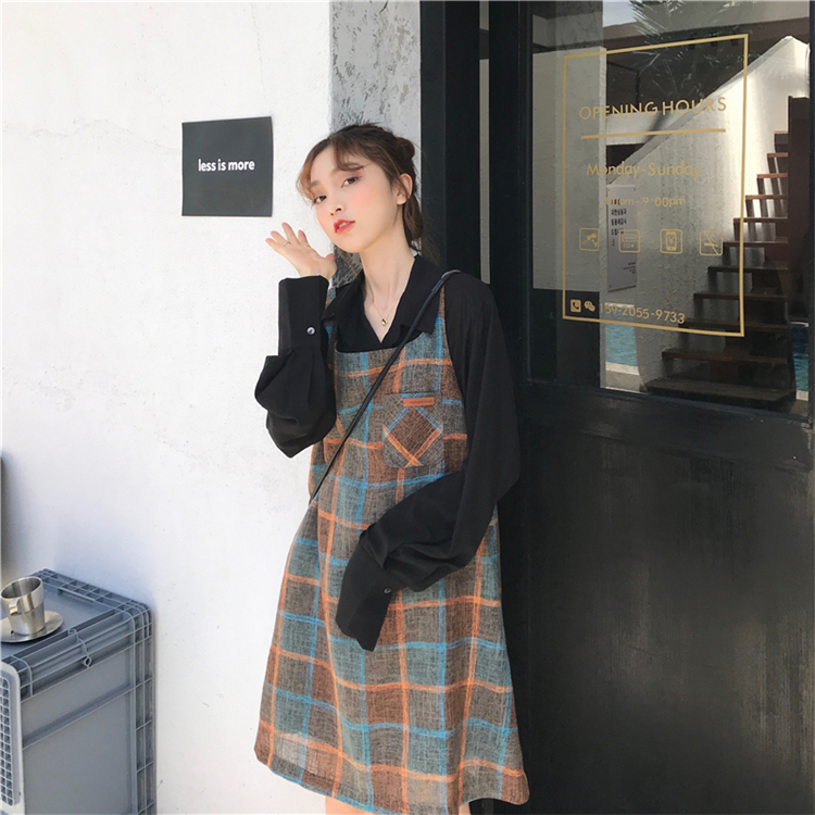 タータンチェック セットアップ ワンピース レトロ こなれ感 ガーリー 秋冬 ミニ丈 ブラウス ポロ襟 0031 Macaron