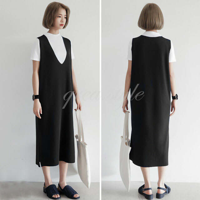 深vネック サロペット スリーブレス ワンピース ひざ丈 レイヤード ノースリーブ Qrea Style プチプラ 韓国ファッション 深vネック サロペット スリーブレス ワンピース ひざ丈 レイヤード ノースリーブ Qrea Style プチプラ 韓国ファッション