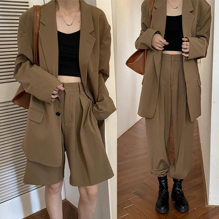 韓国レディースファッション 6753 パンツ丈が選べるセットアップ ジャケット ショートパンツ フルレングス メンズライク お洒落 秋色 カジュアル 人気プチプラレディース韓国ファッション新作通販 Aliceholly アリスホーリー