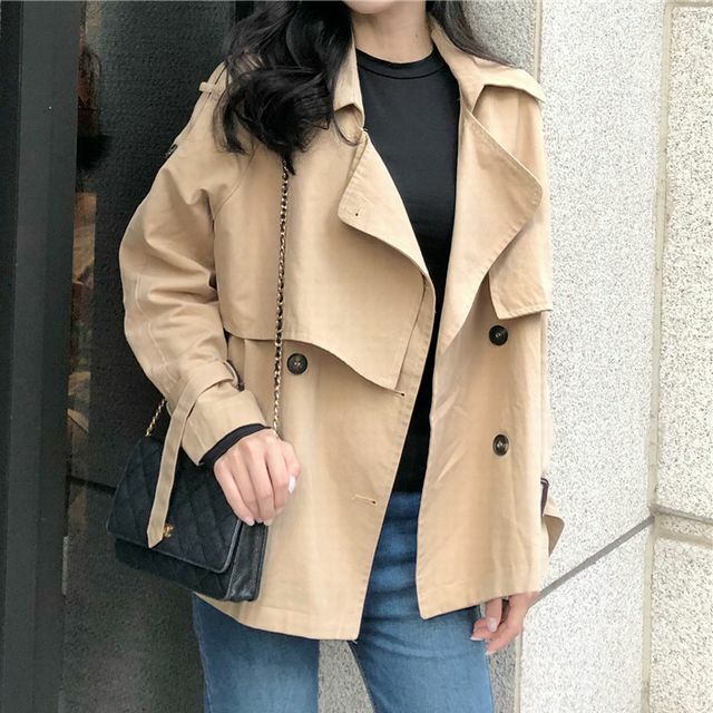 レディース ショート丈 スプリングコート トレンチコート ジャケット Khaki カーキ 春コーデ Double Breasted Windbreaker Solid Color Lapel Short Coat Jacket Dct K Value Rave Notice バリューレイヴノーティス 韓国ファッションやハワイアン