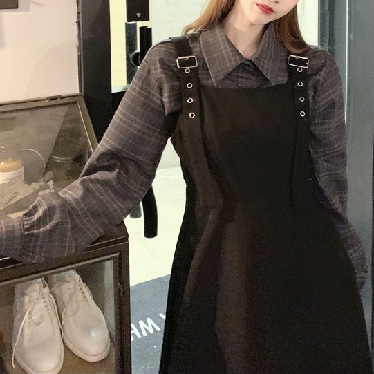 Instagram特集掲載商品 レイヤードクロップドトップス ワンピース ショート丈 シャツ 2way 2set ブラック ワンカラー B6447 韓国レディースファッション通販 Bella ベラハート Select Import Shop
