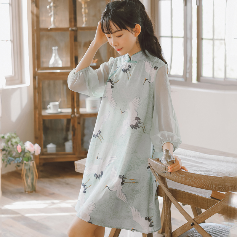 篱笆シリーズ チャイナ風ワンピース 鶴 2color 夏 春 デート 中華服 可愛い シフォン グリーン ベージュ Elegant