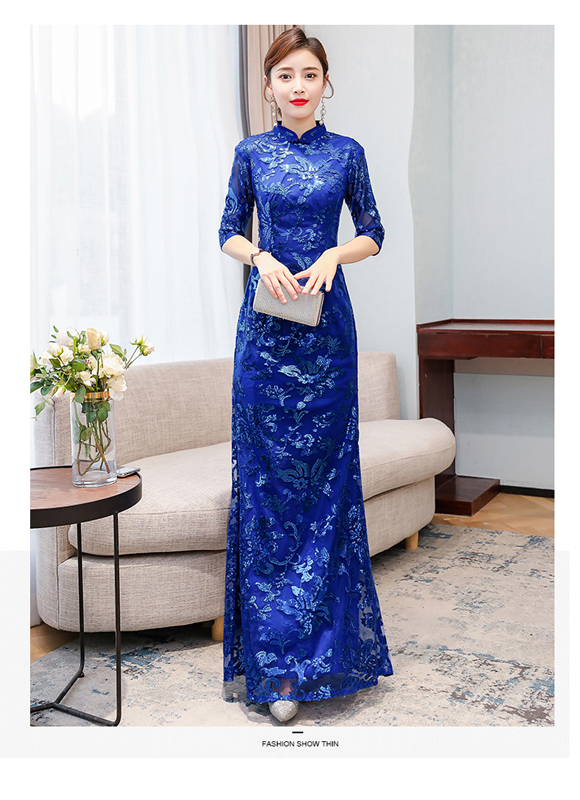 ロングチャイナドレス チャイナ風ワンピース チャイナ風服 中華服 女子会 演奏会 五分袖 大きいサイズ M L Ll 3l 4l パーティードレス ブルー 青い スリム Elegant