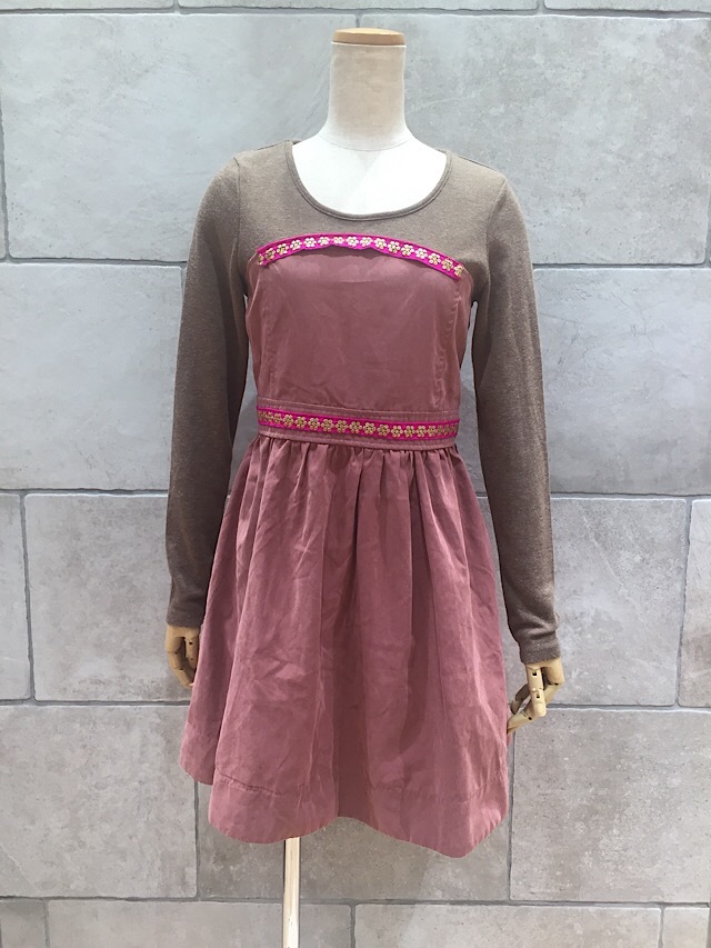 茶色とピンクの大人ガーリーワンピース アップサイクル Drm 038 Didi