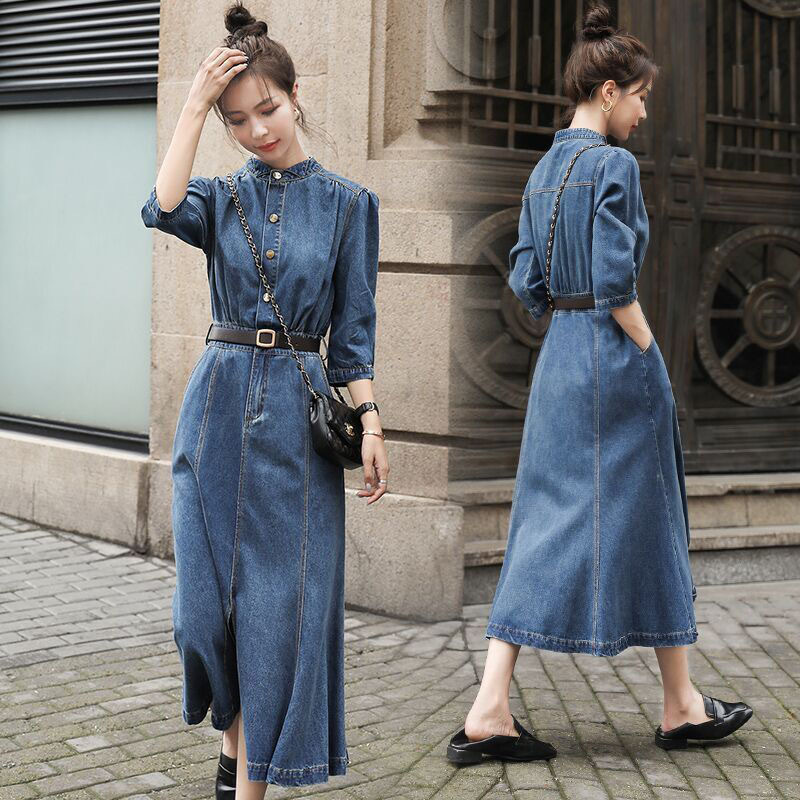 Dress 気質あふれデニムワンピースベルト付きスリットエレガントスリム Nanastyle