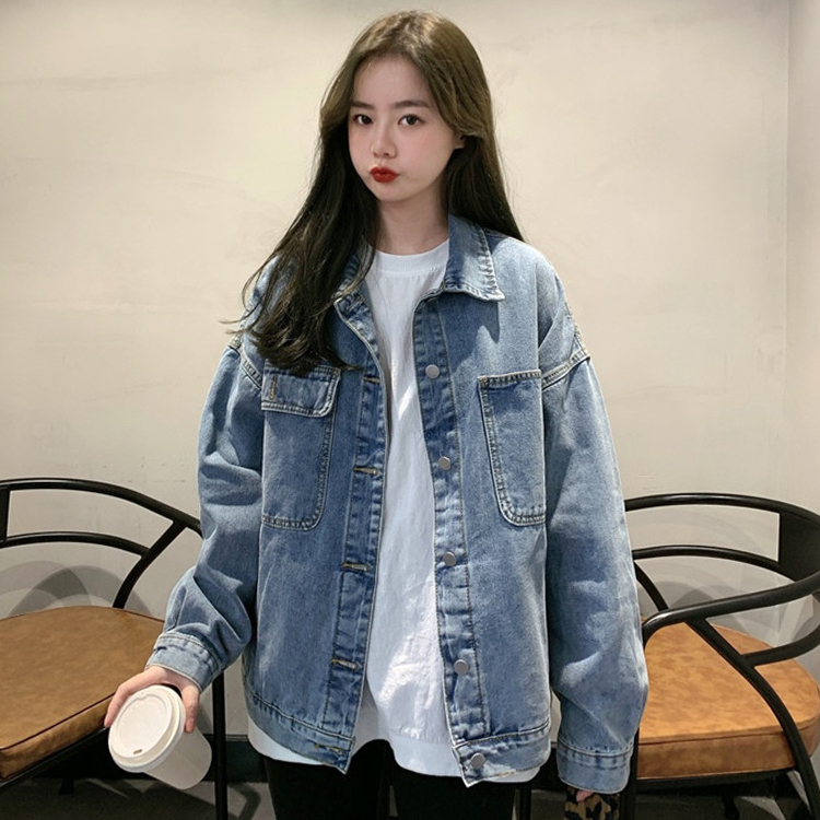 レトロ カジュアル ストリート デニムジャケット レディース アウター Gジャン 長袖 ブルー 青 ミディアム丈 襟付き シングルブレスト ドロップショルダー 体型カバー スタイルアップ 脚長効果 ゆるカジ ワイルド リラックス こなれ感 萌え袖 男ウケ デート服 楽ちん 韓国