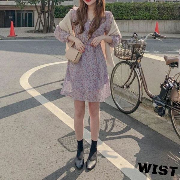 ワンピース フラワー パープル ミドル 花柄 ガーリー フェミニン ピープス 韓国ファッション 105 Wist