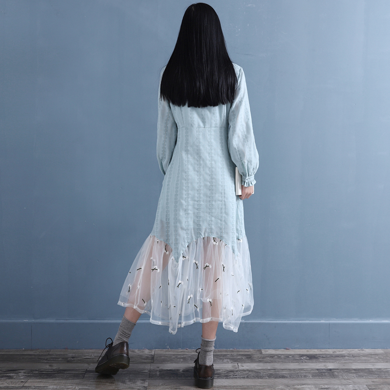 チャイナ風ワンピース コットンリネンワンピース 刺繍ワンピース 改良唐装 改良漢服 改良型チャイナドレス 同窓会 普段着 女子会 S M L 青緑 Elegant