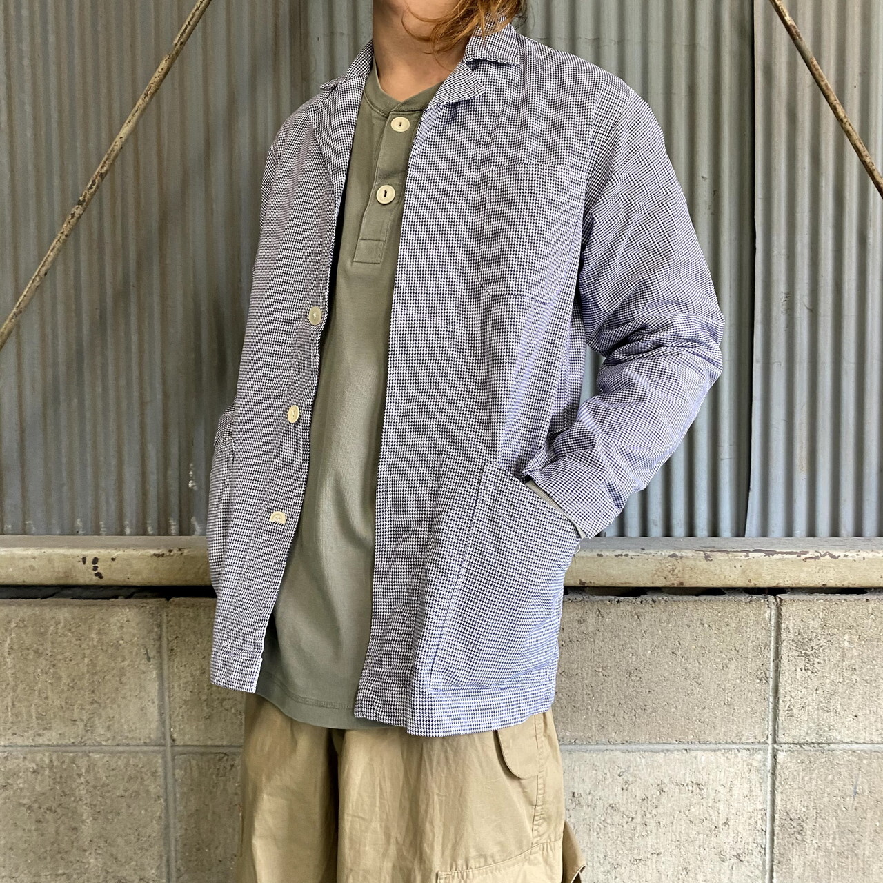 千鳥格子柄 コットンツイル ユーロワークジャケット メンズs M相当 ヨーロッパ古着 カバーオール フレンチワークジャケット ネイビー ホワイト 紺色 白 ワークジャケット Al Cave 古着屋 公式 古着通販サイト