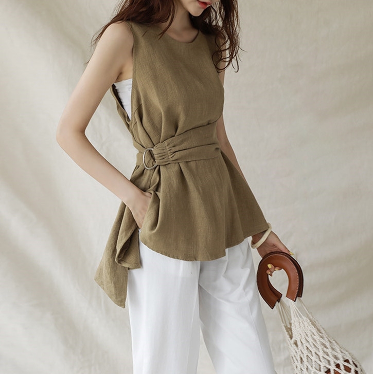 カットソー レディース カットソーチュニック 大きいサイズレディースカットソー Tシャツカットソーレディース ロング丈カットソーレディース ノースリーブ リネンシャツ ベルト付き カジュアル かっこいい 無地 楽ちん レディース Viento