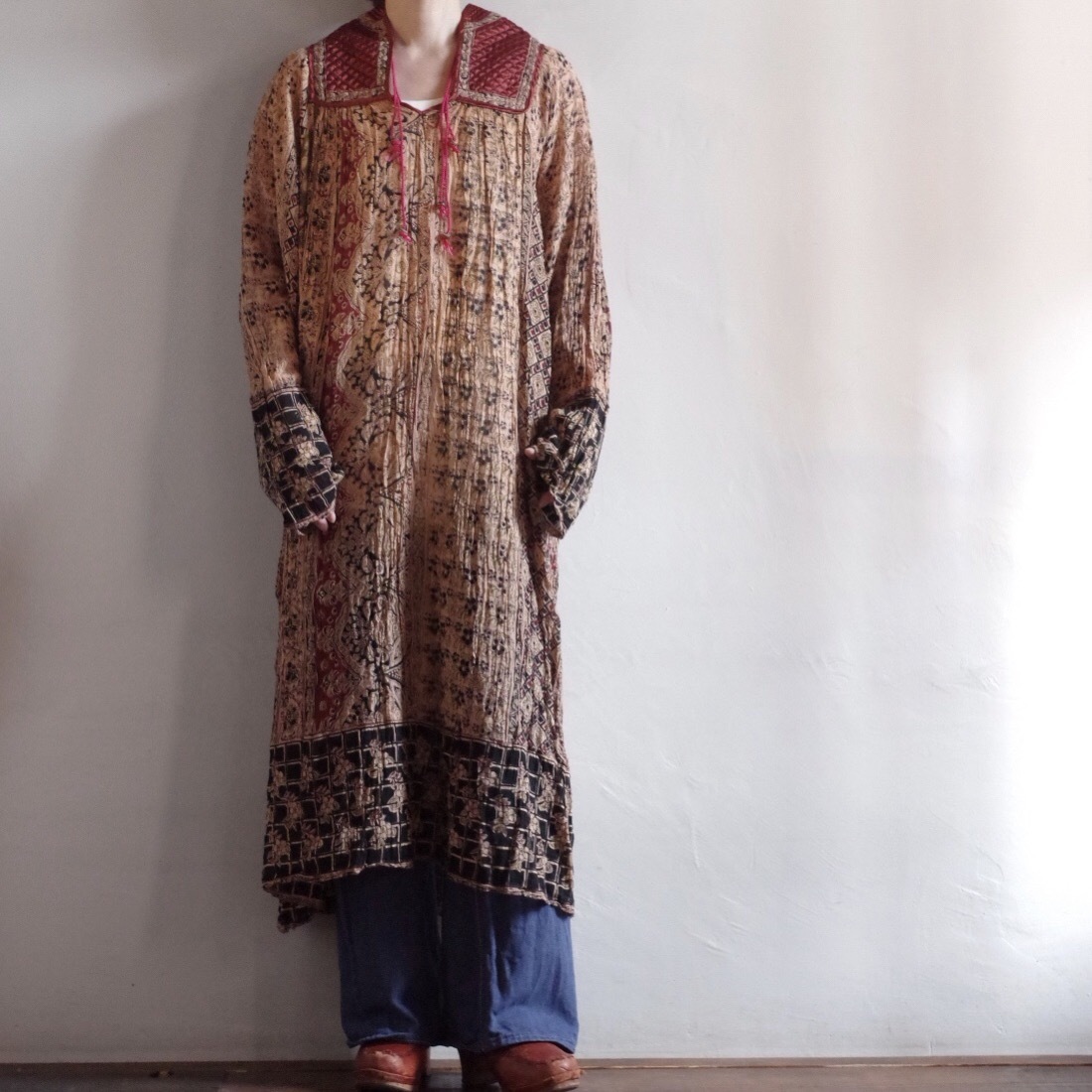 21特集 70s Vintage ロングワンピース ブロックプリント インド綿 ロングワンピース Slcp Lk