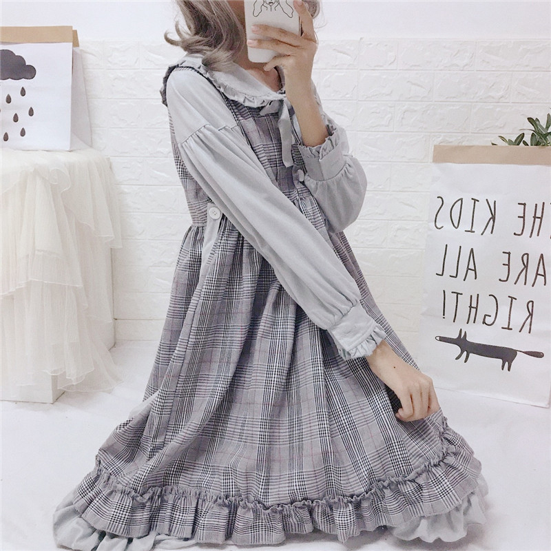 チェック柄ワンピース 可愛いワンピース レディースファション リボンカラー 長袖 膝丈 重ね着風 着痩せ 激安 綺麗め プリンセス デート 普段着 グレー Elegant