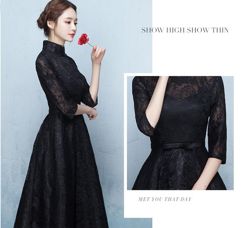 パーティードレス チャイナ風ドレス ロングワンピース 改良型チャイナドレス スタンドネック 七分袖 ロング丈orマキシ丈 着痩せ 大きいサイズ S M L Ll 3l レース 透かし彫り ブラック 黒い Elegant