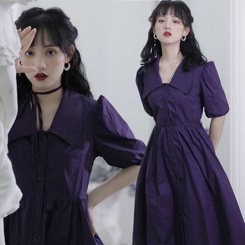 浮世束シリーズ ワンピース 半袖 夏 ロング丈 可愛い洋服 パープル 紫色 レトロ Aライン シンプル Elegant