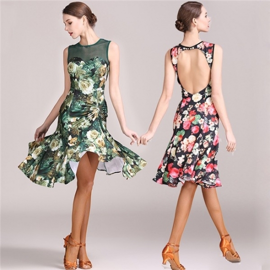 新作 ラテン衣装 社交ダンス ラテンドレス ラテンダンス セクシー ラテンダンス S 2xl ワンピース 衣装 黒 花柄 緑 練習服 競技着 代 30代 40代 Kir 30