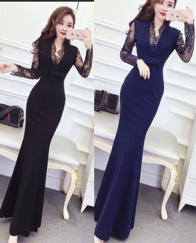 ロングドレス マーメイドライン パーティードレス 結婚式 マキシ丈 ワンピース ドレス 長袖 レース セクシー ヒップスカート スリム キャバドレス Happy Toon