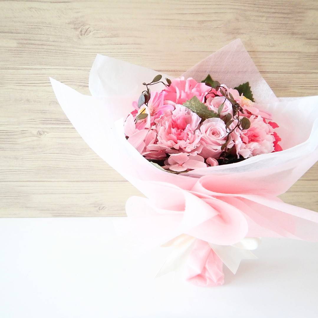 Toujours トゥジュー ローズとジニアのプリザーブドフラワーブーケ 花束 Bouquet Mon Ange ハンドメイドアクセサリー プリザーブドフラワーショップ