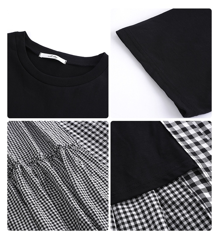 送料無料 ワンピース レディース ロングワンピース ロングスカート チェック柄 ギンガムチェック ミディアム丈 フレアワンピース おしゃれ 大人可愛い 半袖 個性的 レトロ ガーリー ルーズ ゆったり オーバーサイズ ラウンドネック 襟なし 華やか ブラック 大人かわいい