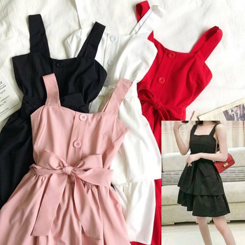 ワンピース レディース ティアードワンピース ノースリーブワンピース ミニ ワンピ ジャンパースカート 無地 段スカート 韓国服 Happy Toon