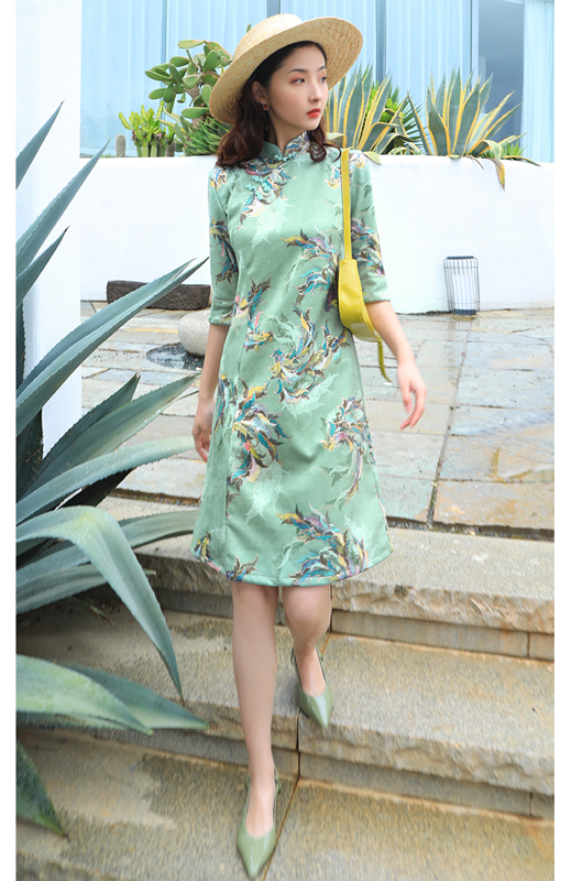 ロング丈チャイナドレス 改良型チャイナドレス チャイナ風ワンピース チャイナ風服 中華服 二次会 女子会 同窓会 スタンドネック 七分袖 大きいサイズ S M L Ll 3l 4l 緑 グリーン Elegant